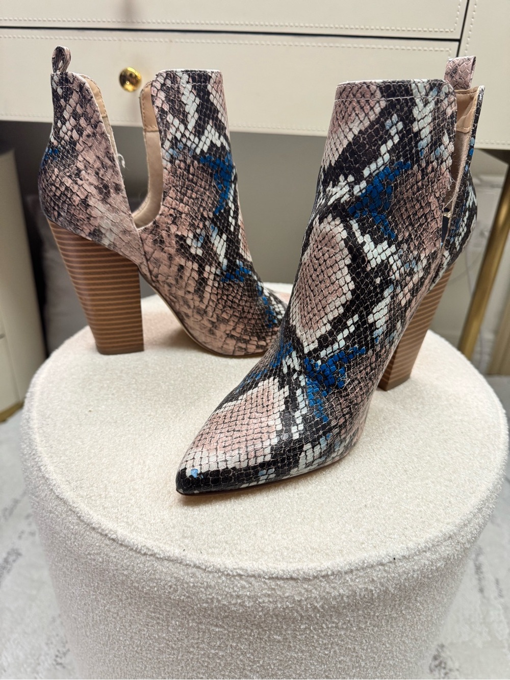 JustFab Pink and Blue Snake-Print Pointed Ankle Booties